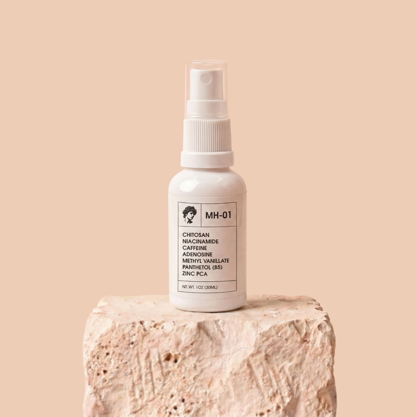 MH-01 serum bottle — front, with key ingredients